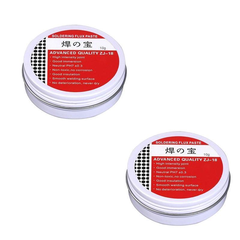 Two containers of soldering flux paste with red labels on a white background