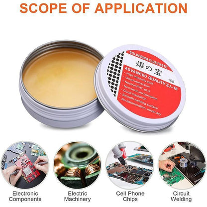 Soldering flux paste in a tin with application examples on a white background
