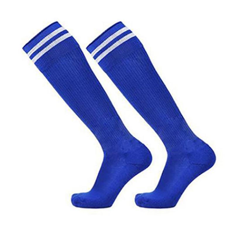 Mens Womens Sports Breathable Tube Long High Socks Knee Warm Casual Footy Soccer - White+Blue