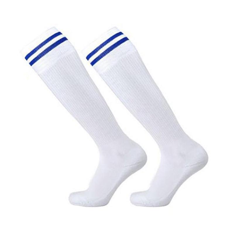 Mens Womens Sports Breathable Tube Long High Socks Knee Warm Casual Footy Soccer - White+Blue