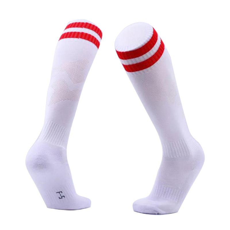 Mens Womens Sports Breathable Tube Long High Socks Knee Warm Casual Footy Soccer - White+Red