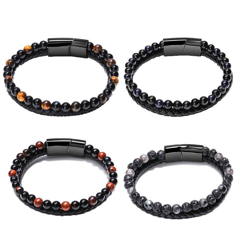 Tiger Eye Natural Stone Beaded Bracelet Women Men Elasticity Bangle hand Jewelry - Grey Lava