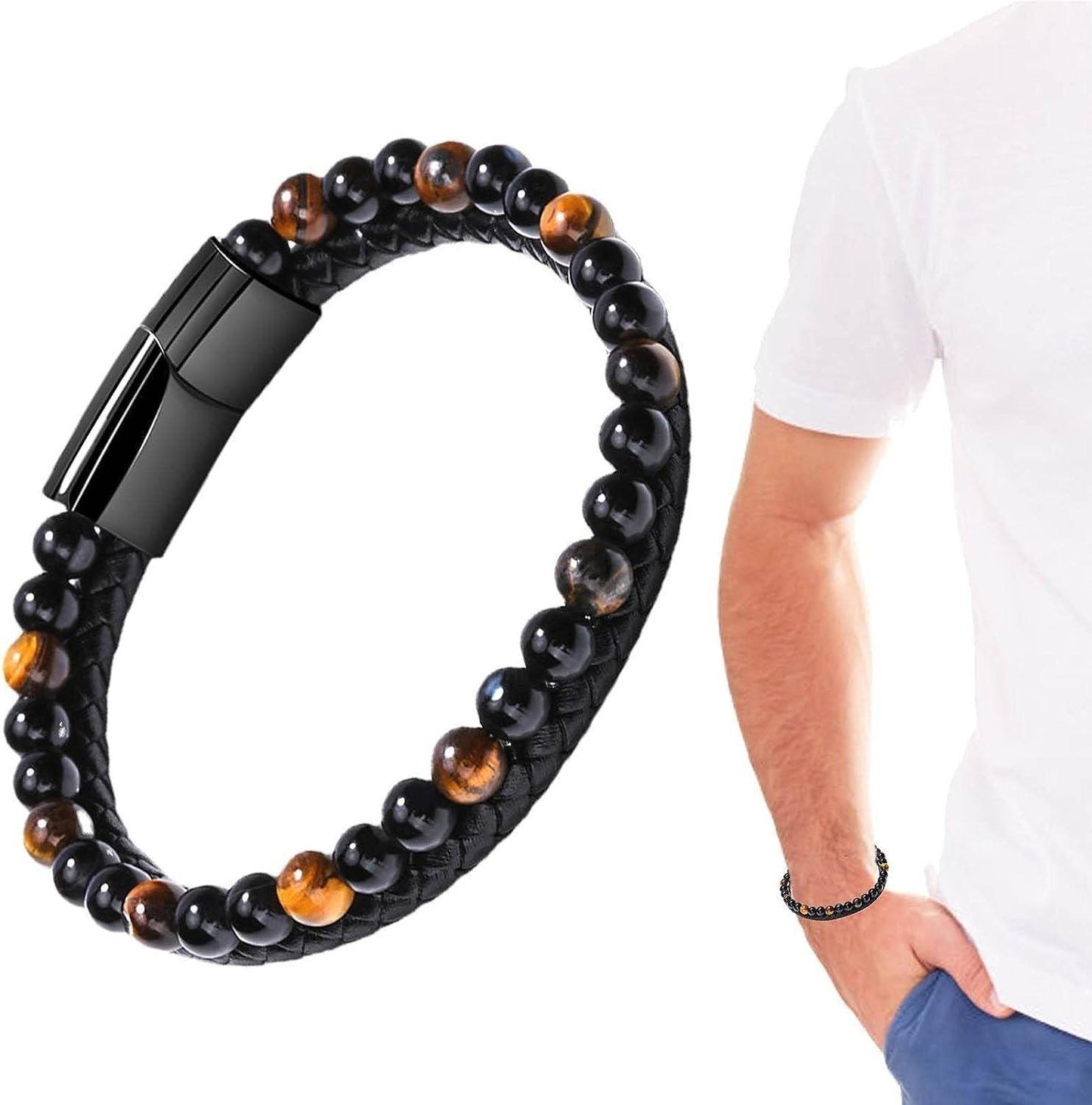 Tiger Eye Natural Stone Beaded Bracelet Women Men Elasticity Bangle hand Jewelry - Blue Stone