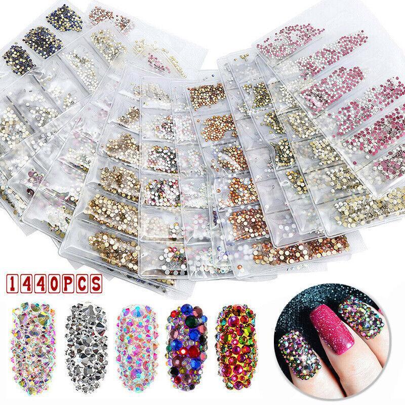 1440Pcs Glitter Rhinestones Crystal Clear Flat Bottom Glass Nail Art Nail Drill - Dark Green