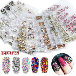 1440Pcs Glitter Rhinestones Crystal Clear Flat Bottom Glass Nail Art Nail Drill - Gold