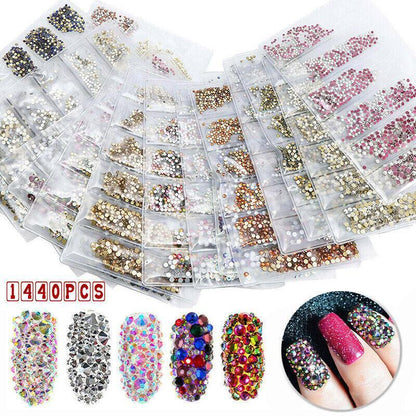1440Pcs Glitter Rhinestones Crystal Clear Flat Bottom Glass Nail Art Nail Drill - Gold