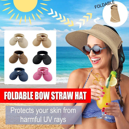 Women Roll Up Sun Visor Wide Brim Straw Hat Summer Foldable UV Protection Cap - Beige