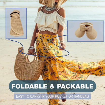 Women Roll Up Sun Visor Wide Brim Straw Hat Summer Foldable UV Protection Cap - Beige
