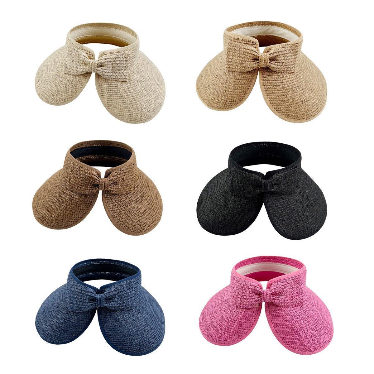 Women Roll Up Sun Visor Wide Brim Straw Hat Summer Foldable UV Protection Cap - Dark Brown