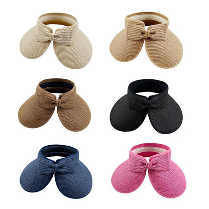 Women Roll Up Sun Visor Wide Brim Straw Hat Summer Foldable UV Protection Cap - Dark Brown