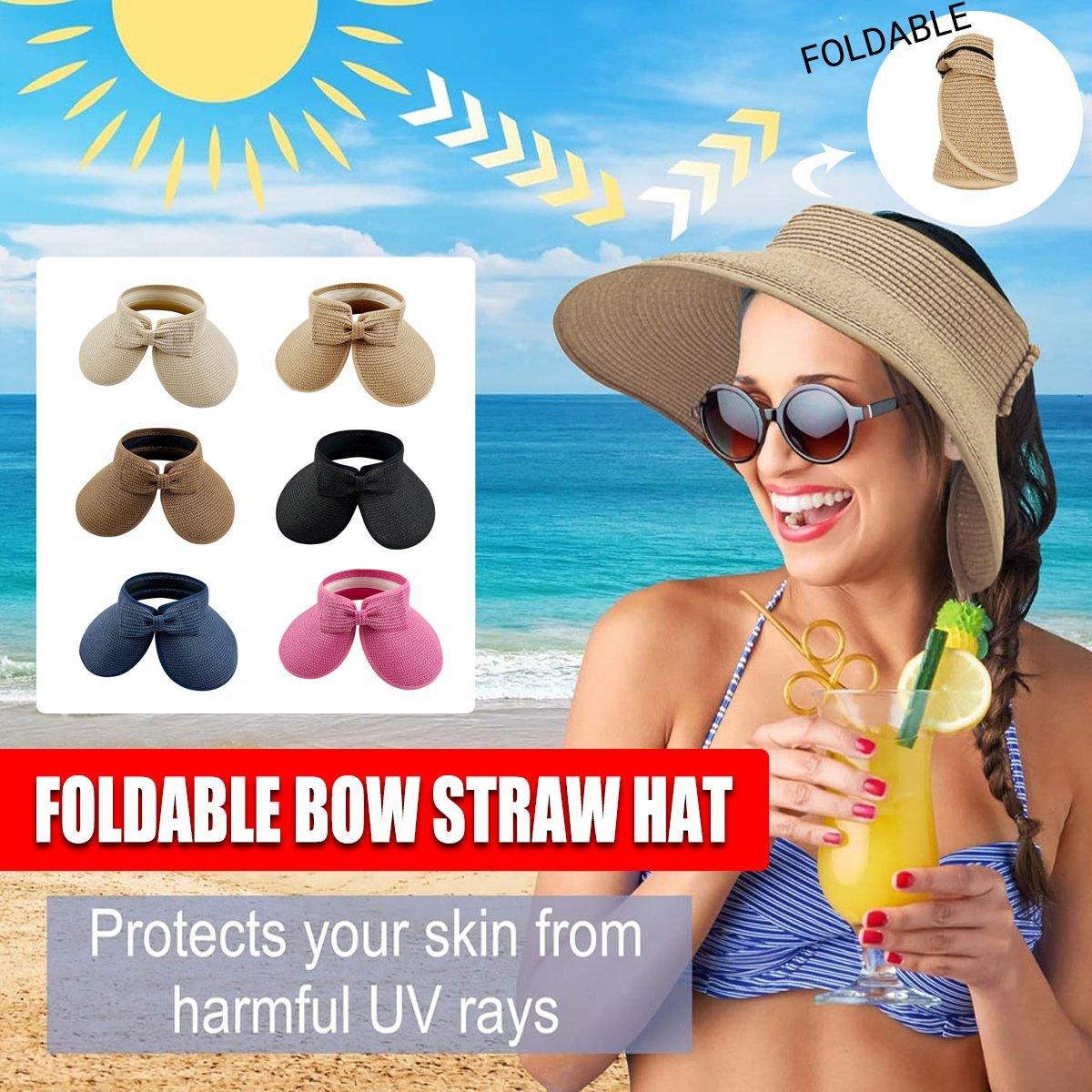 Women Roll Up Sun Visor Wide Brim Straw Hat Summer Foldable UV Protection Cap - Khaki