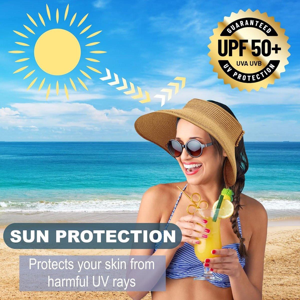 Women Roll Up Sun Visor Wide Brim Straw Hat Summer Foldable UV Protection Cap - Khaki