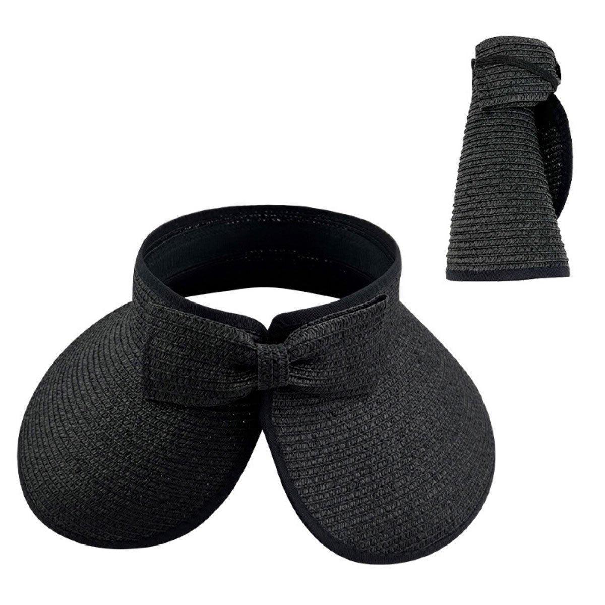 Women Roll Up Sun Visor Wide Brim Straw Hat Summer Foldable UV Protection Cap - Khaki