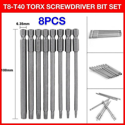 T8-T40 Torx screwdriver bit set with measurements and packaging details on a red background