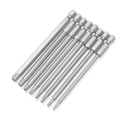 Set of silver drill bits on a white background
