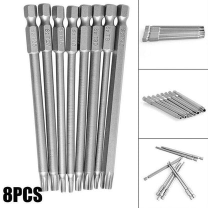 Set of 8 metal drill bits with close-up views on a white background