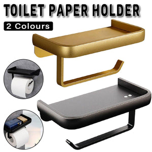 Wall Mounted Aluminum Toilet Paper Holder Non - perforated Tissue Cell Phone Shelf - Black - Factory Direct Shop