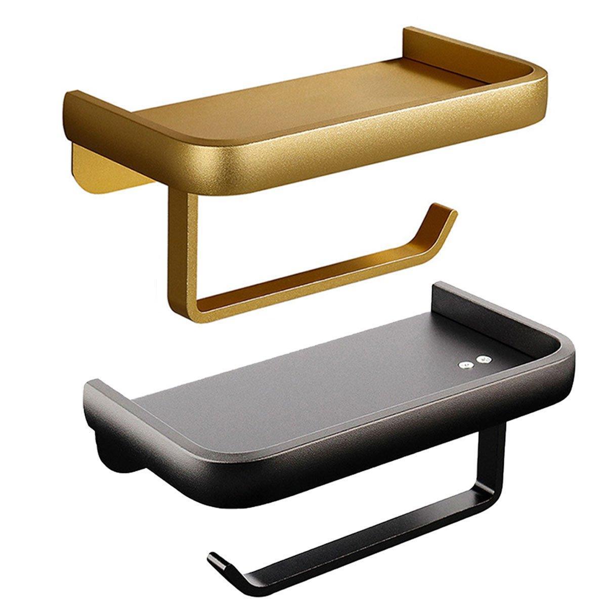 Wall Mounted Aluminum Toilet Paper Holder Non - perforated Tissue Cell Phone Shelf - Black - Factory Direct Shop