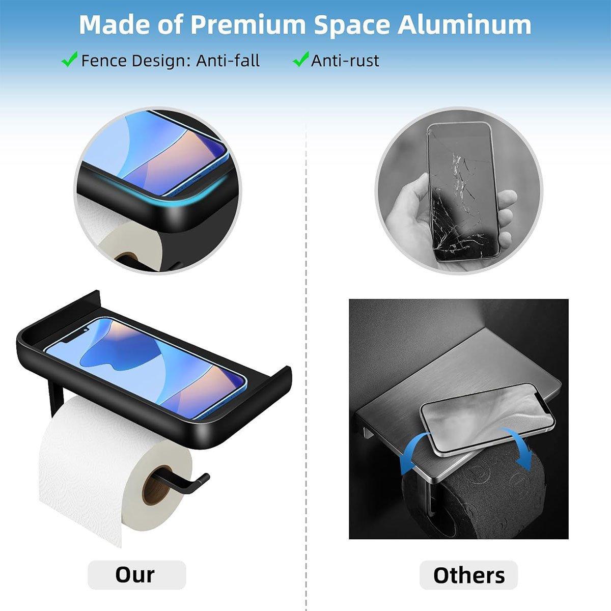 Wall Mounted Aluminum Toilet Paper Holder Non - perforated Tissue Cell Phone Shelf - Black - Factory Direct Shop