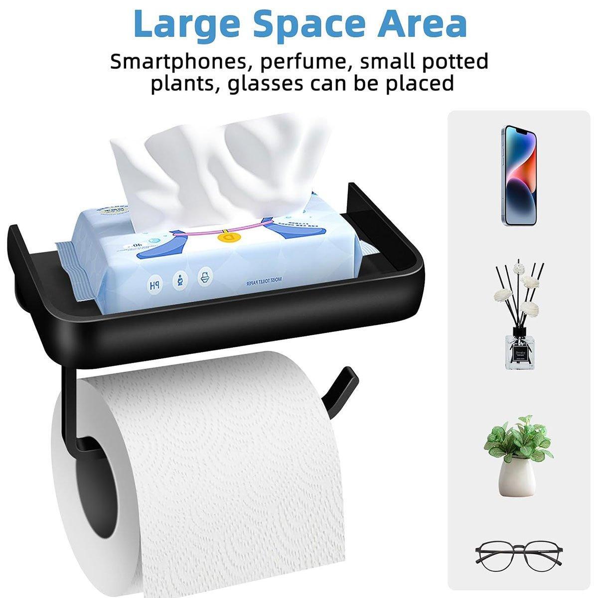 Wall Mounted Aluminum Toilet Paper Holder Non - perforated Tissue Cell Phone Shelf - Black - Factory Direct Shop