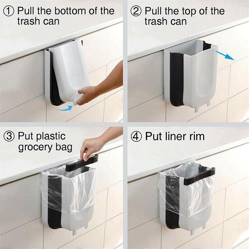 9L Hanging  Bin Wall Mounted Folding Waste Bin Kitchen Dining Cabinet Trash Can - Khaki