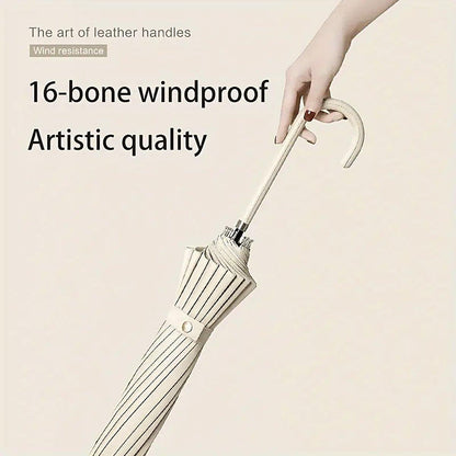 Large 16 Bone Automatic Umbrella Unisex Long Handle Dual Use Rain Sun Umbrella - Beige