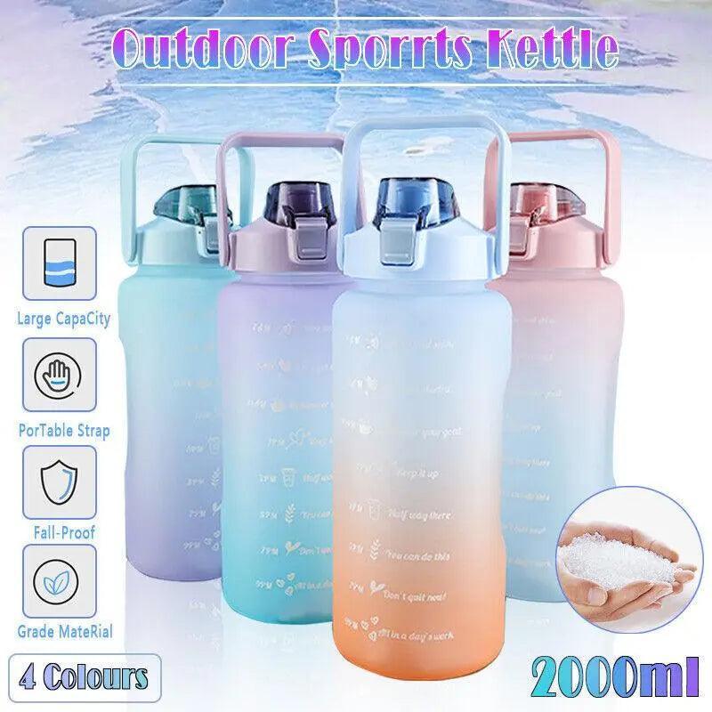 2L Large Water Bottle Straw Time Gradient Cup Fitness Jugs Sport Gym Training - Green - Factory Direct Shop