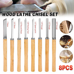 Wood lathe chisel set with wooden handles and metal blades, featuring text and close-up images of woodwork.
