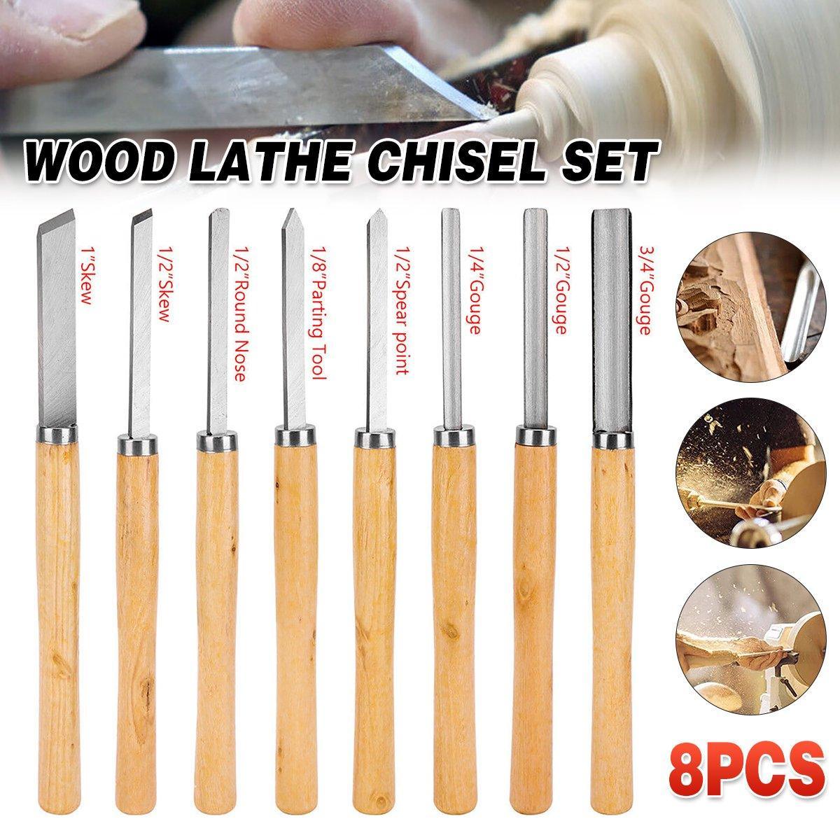 Wood lathe chisel set with wooden handles and metal blades, featuring text and close-up images of woodwork.