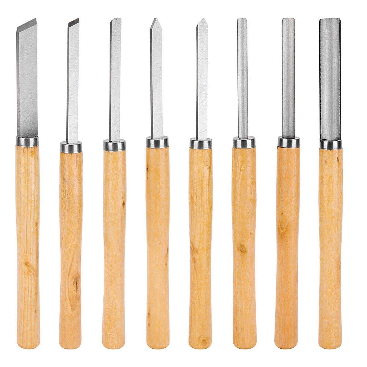 Set of eight wooden-handled chisels with metal blades on a white background