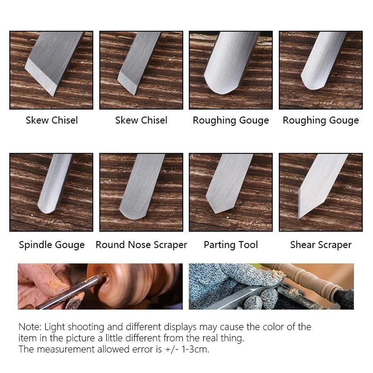 Set of different types of woodworking tools on a wooden background with labels underneath.
