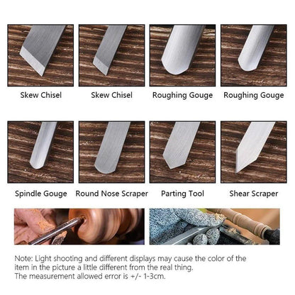 Set of different types of woodworking tools on a wooden background with labels underneath.