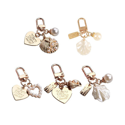 Womens Cute Key Rings Shell Heart Pearl Shape Keychain Charm Bag Hanger Pendants - C