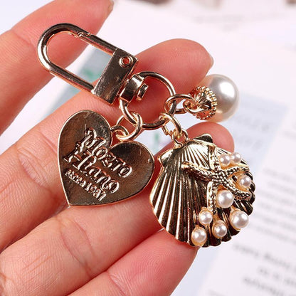Womens Cute Key Rings Shell Heart Pearl Shape Keychain Charm Bag Hanger Pendants - B