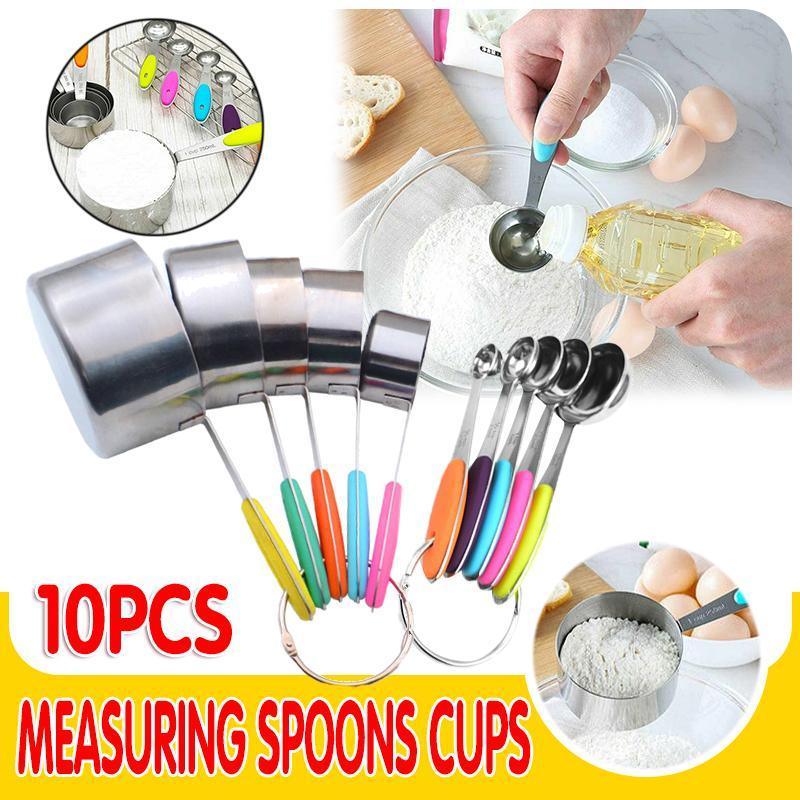 Set of 10 measuring spoons with colorful handles on a white background, surrounded by cooking activities.