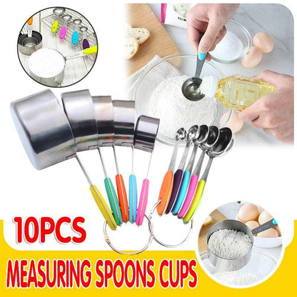 Set of 10 measuring spoons with colorful handles on a white background, surrounded by cooking activities.