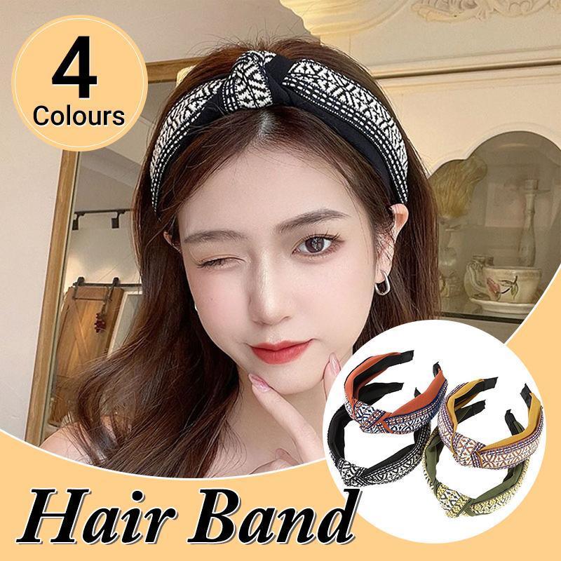 Women Lady Retro Boho Embroidery Cotton Wide Hair Headband Head Wrap Band hoop - Black