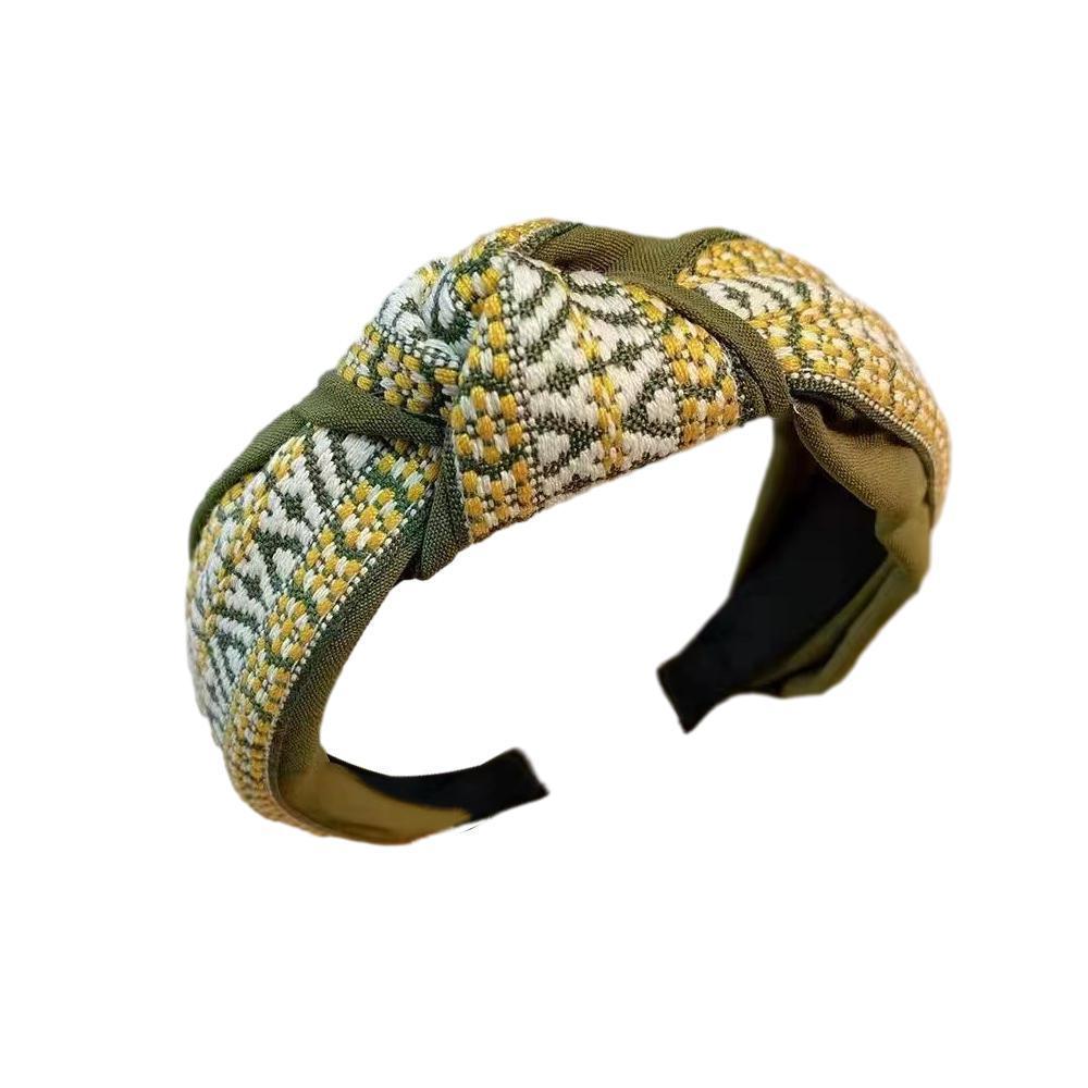 Women Lady Retro Boho Embroidery Cotton Wide Hair Headband Head Wrap Band hoop - Green