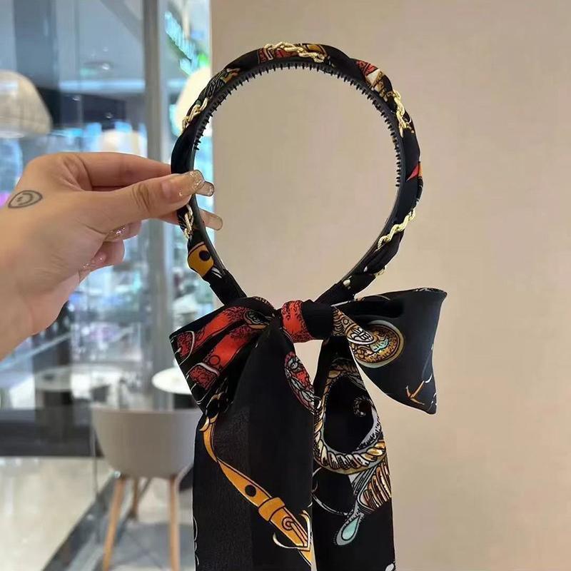 Chains patterned satin headband with Long Scarf Headband Scarf Hair Accessories - Orange