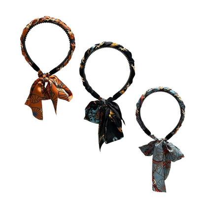 Chains patterned satin headband with Long Scarf Headband Scarf Hair Accessories - Black