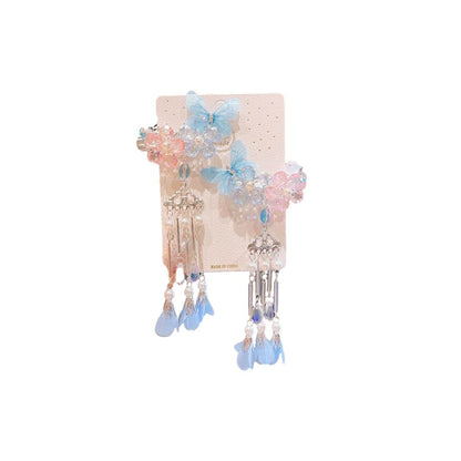2Pcs Hanfu Flower Hair Clip with Pearl Tassel Butterfly Hairpin for Women and Girls Party - E018