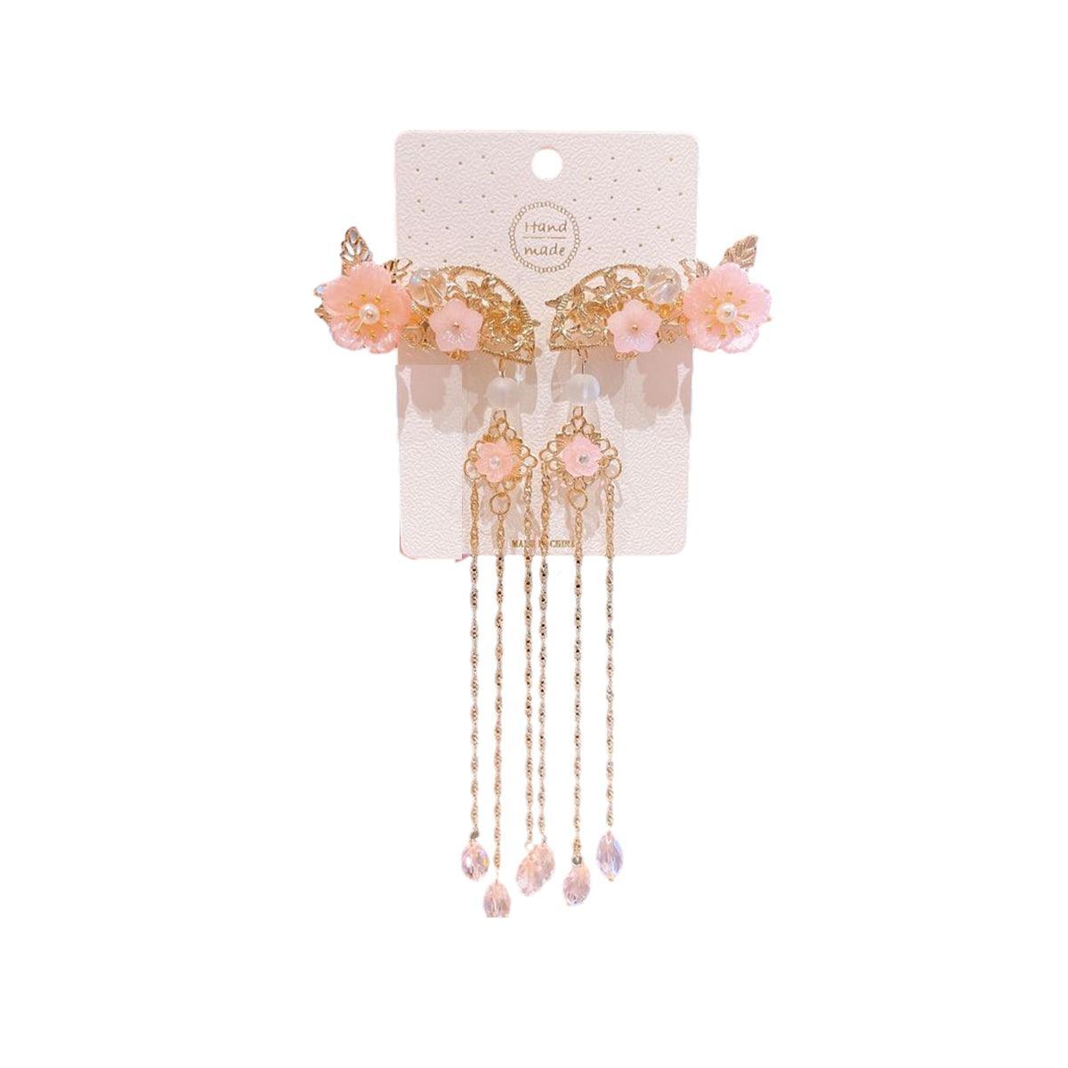 2Pcs Hanfu Flower Hair Clip with Pearl Tassel Butterfly Hairpin for Women and Girls Party - E018