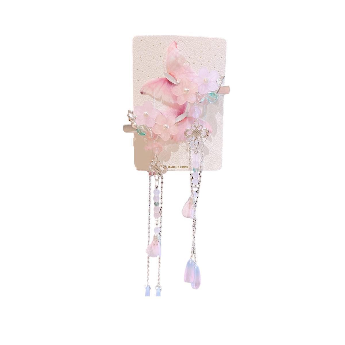 2Pcs Hanfu Flower Hair Clip with Pearl Tassel Butterfly Hairpin for Women and Girls Party - E018