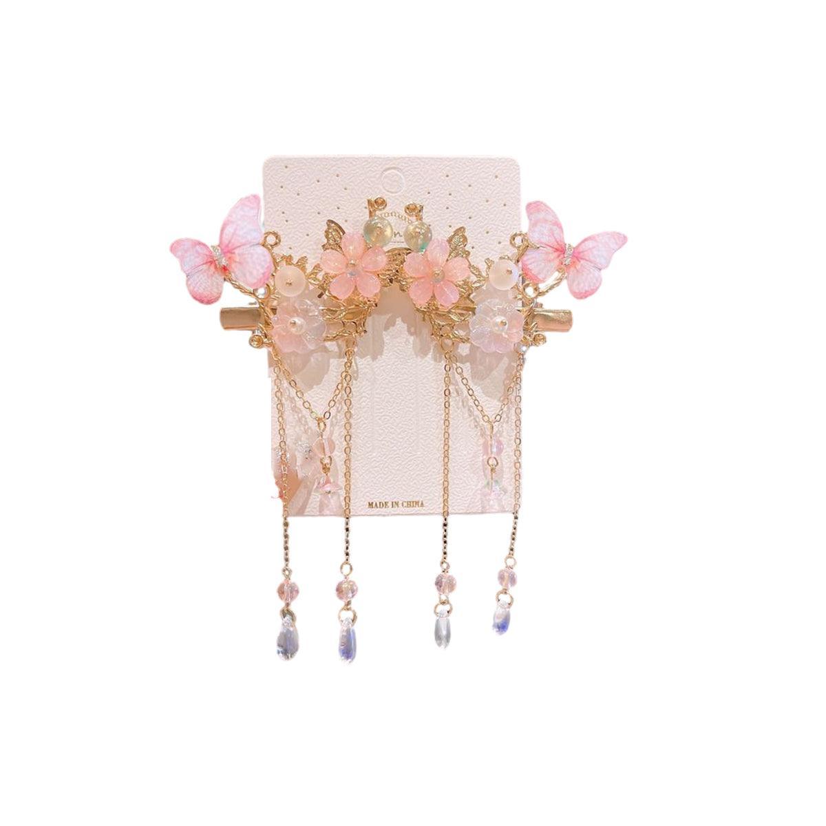 2Pcs Hanfu Flower Hair Clip with Pearl Tassel Butterfly Hairpin for Women and Girls Party - 15
