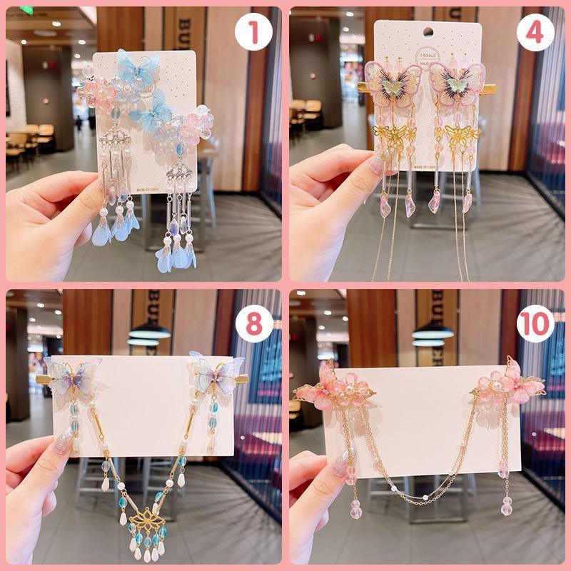 2Pcs Hanfu Flower Hair Clip with Pearl Tassel Butterfly Hairpin for Women and Girls Party - E014