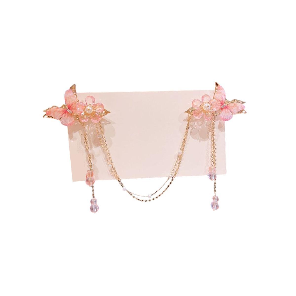 2Pcs Hanfu Flower Hair Clip with Pearl Tassel Butterfly Hairpin for Women and Girls Party - E014