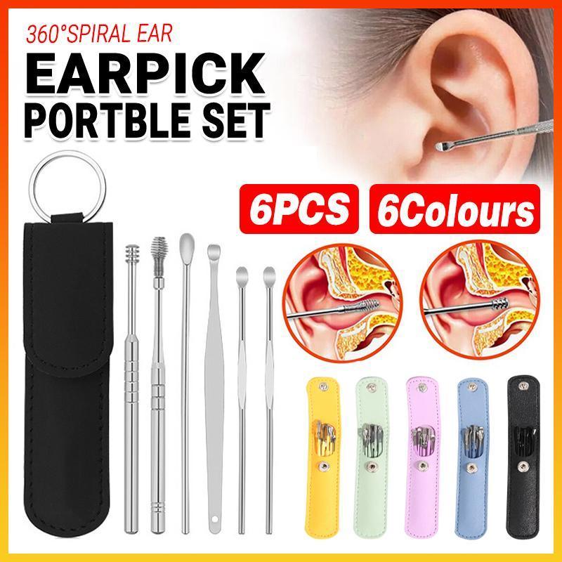 6Pcs Earpick Ear Wax Curette Ear Cleaner Remover Spoon Ear Cleaning Tool Kit - Green
