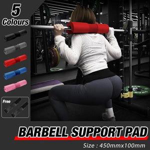 Person using a barbell support pad in a gym with color options displayed.