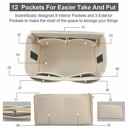 Felt Handbag Organizer Insert with Multiple Pockets for Tote and Purse - Beige M Size