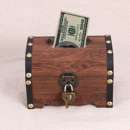 Wooden Treasure Chest Retro Money Storage Box Case Coin Piggy Bank Organizer